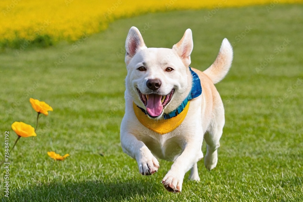 A happy white dog running on the green grass