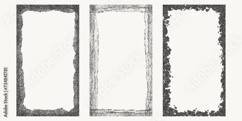 Set of black dotted textured vertical frame, noisy gritty dot halftone effect, vector illustration. Fashionable banner in grunge style. Rectangular frames for social networks, stains and drops.