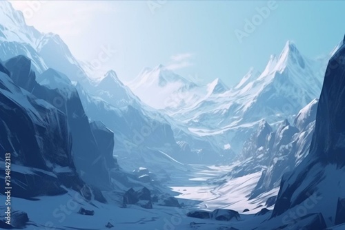 A breathtaking winter landscape of mountains, a mystical valley, and a dark canyon with a frozen nature and a glacier. It resembles a sketch for a gaming background, book cover, or. Generative AI