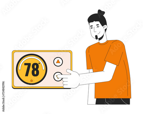 Thermostat reduce line cartoon flat illustration. Saving energy at home 2D lineart character isolated on white background. Lower electricity usage. Heating control switching scene vector color image