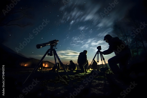 Silhouettes of people observing stars in night sky. Astronomy concept. photo