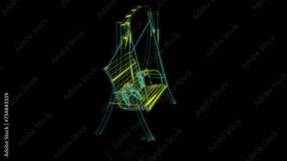 Rendering 3D animation, VISUAL EFFECTS Wood Swinging Bench model on a black background Rendering 3D animation, VISUAL EFFECTS Wood Swinging Bench model on a black background