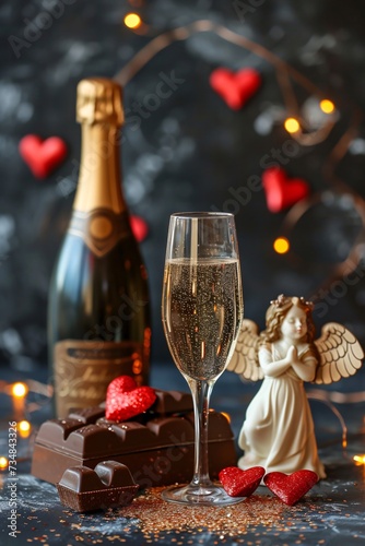 a champagne glass next to a bottle of chocolate and a figurine