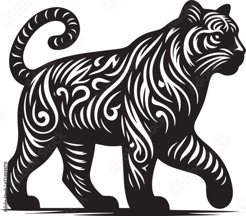 Vintage Retro Styled Vector  Tiger  Silhouette Black and White - illustration