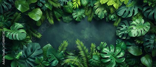 Green tropical leaf background with copy space in the middle top view.