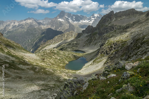 Lacs de Sebeyras en été , vue sur l' Olan , massif des Ecrins , Hautes-Alpes , France photo