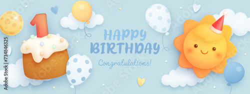Number 1 birthday celebration banner with realistic cartoon sun and cake on blue background. Happy birthday card for baby boy. Vector illustration