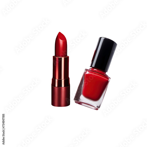 Red lipstick, red nail polish, on a white background. Image for advertising cosmetics.