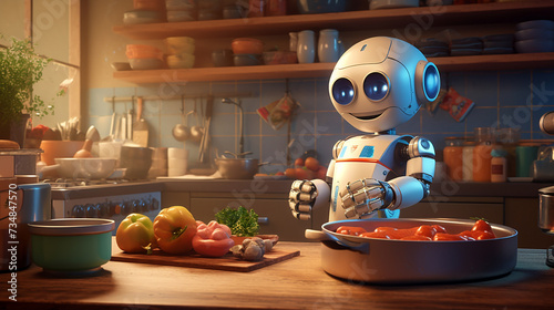 Cheerful robot cooking in the kitchen photo
