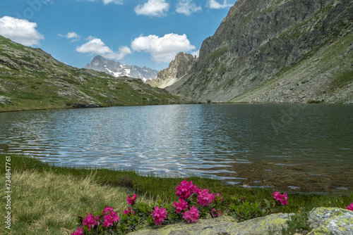 Lacs de Sebeyras en été , vue sur l' Olan ,massif des Ecrins , Hautes-Alpes , France photo