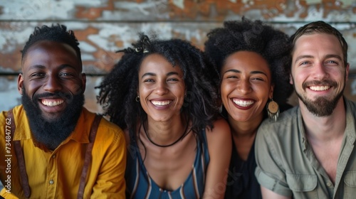 Friends laugh joyfully and look at the camera.