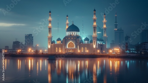 Beautiful minimalistic night background with a large beautiful mosque