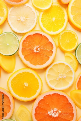 lemon, grapefruit, orange, jalapeno and lime slices over yellow background