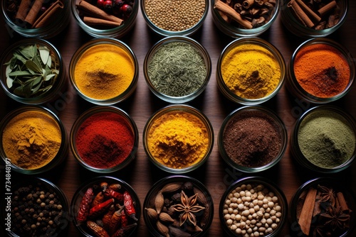 Wallpaper Mural Many multi colored spices. jars and plates with powder. on the table. Background concept with spices. Torontodigital.ca