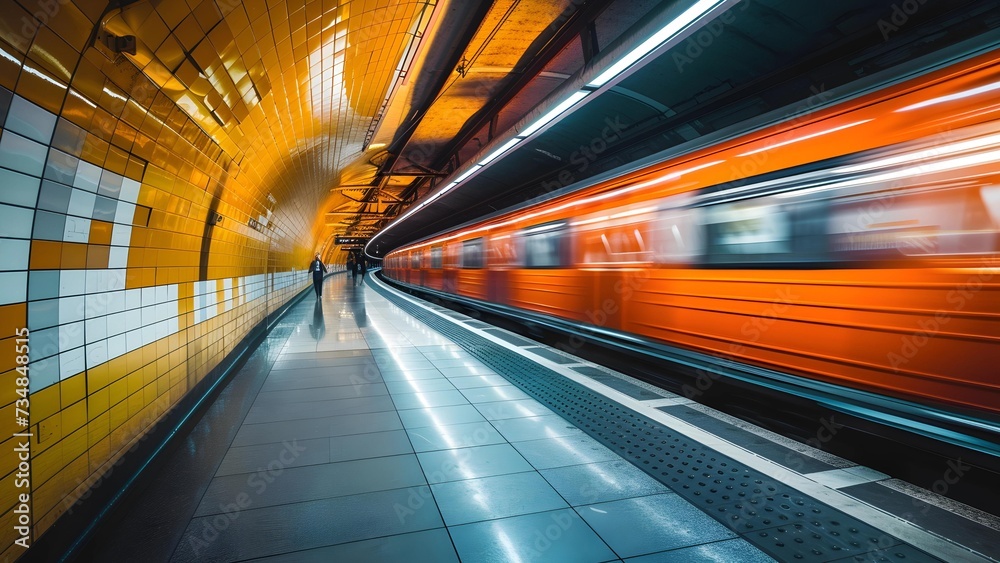 A blurred orange subway train speeds through a brightly lit, contemporary underground station with a lone passenger.