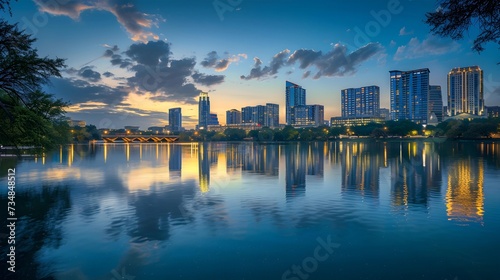 The evening lights of a bustling cityscape softly reflected in the still waters of a lake, framed by silhouettes of trees under a twilight sky. © doraclub