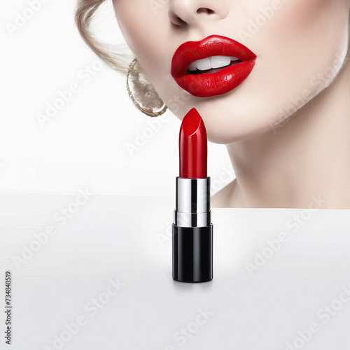 girl with red lips on a white background, with red lipstick. Image for lipstick advertising.