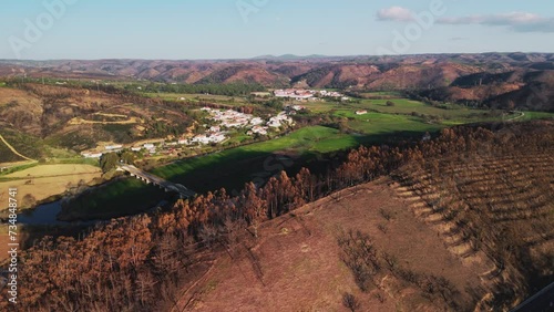 Remote Mountain Villages At Sunset In Portugal. Aerial Drone Shot photo