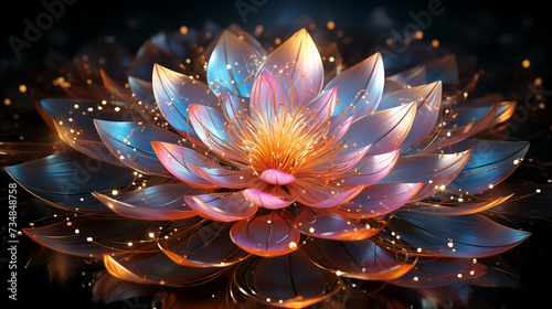 Artistic rendering of a blooming lotus flower with a radiant orange center surrounded by luminous  translucent petals in shades of blue  pink  and orange  all set against a dark background with sparkl