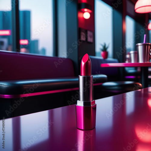 Pink lipstick, on a blurred background of a cafe or bar. Juicy lipstick colors.