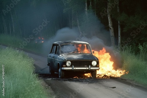 Burning car on rural road. Generative AI