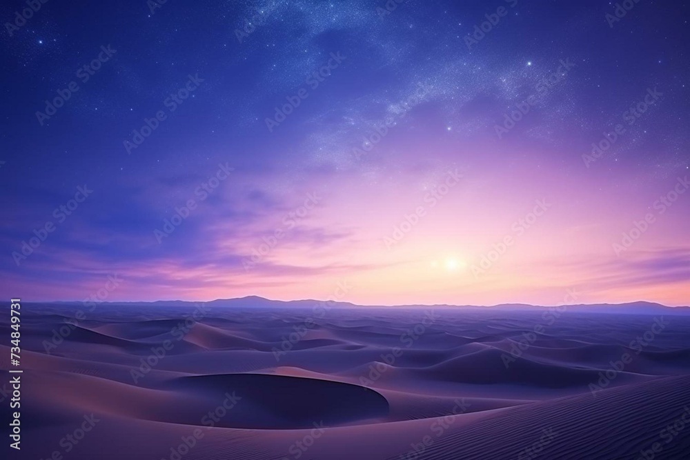 Scenic sunrise scene, desert dunes, serene wallpaper, gradient starry sky. Generative AI