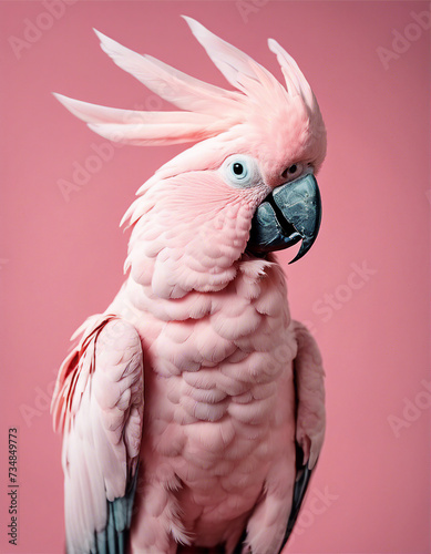 A close-up of a stunning pink cockatoo with its crest raised, posing against a soft pastel pink background © Anna