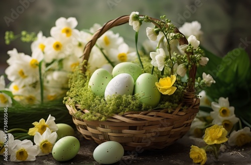 eggs and flowers in a basket