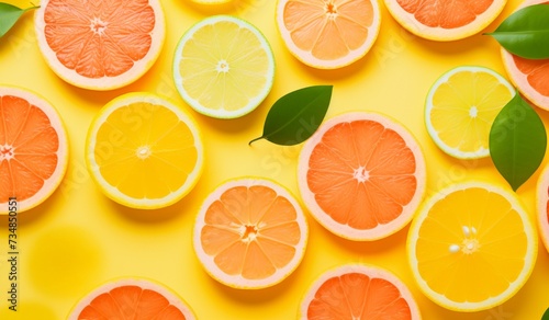 citrus slices are lying on top of yellow background
