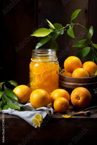 jar of home preserves of oranges on wooden table