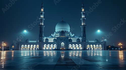 Beautiful minimalistic night background with a large beautiful mosque © olegganko