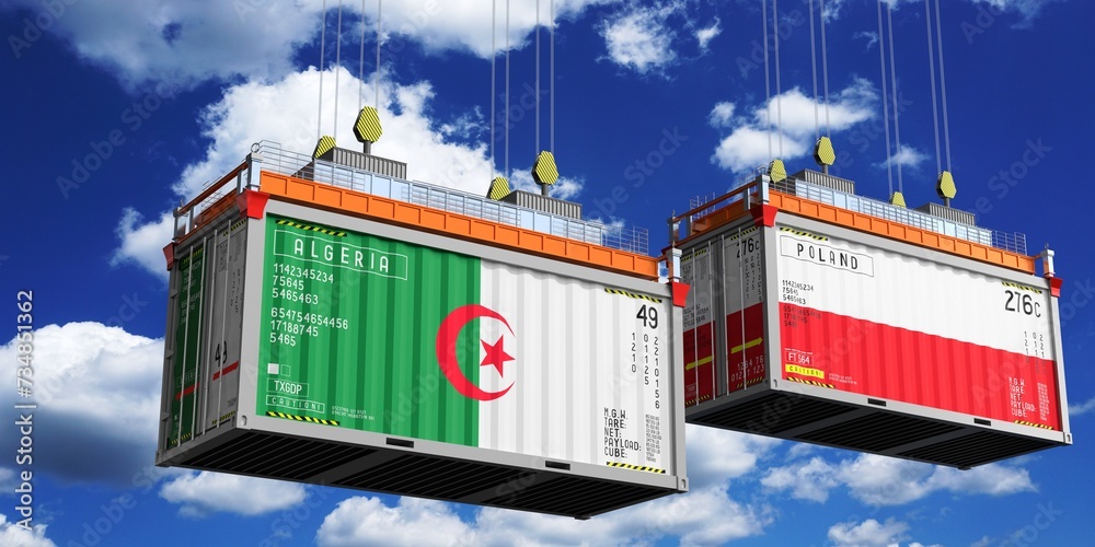 Shipping containers with flags of Algeria and Poland - 3D illustration