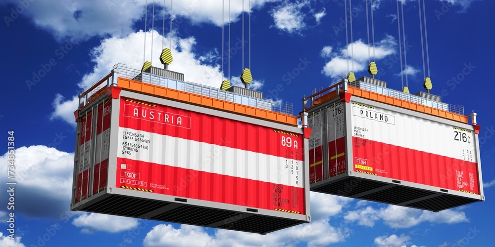 Shipping containers with flags of Austria and Poland - 3D illustration