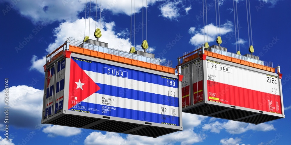 Shipping containers with flags of Cuba and Poland - 3D illustration