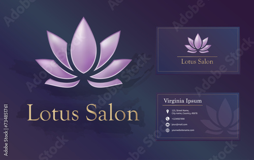 Beauty or spa salon, yoga, wellness, meditation logo with business card design. Lotus pink flower glossy vector logo 