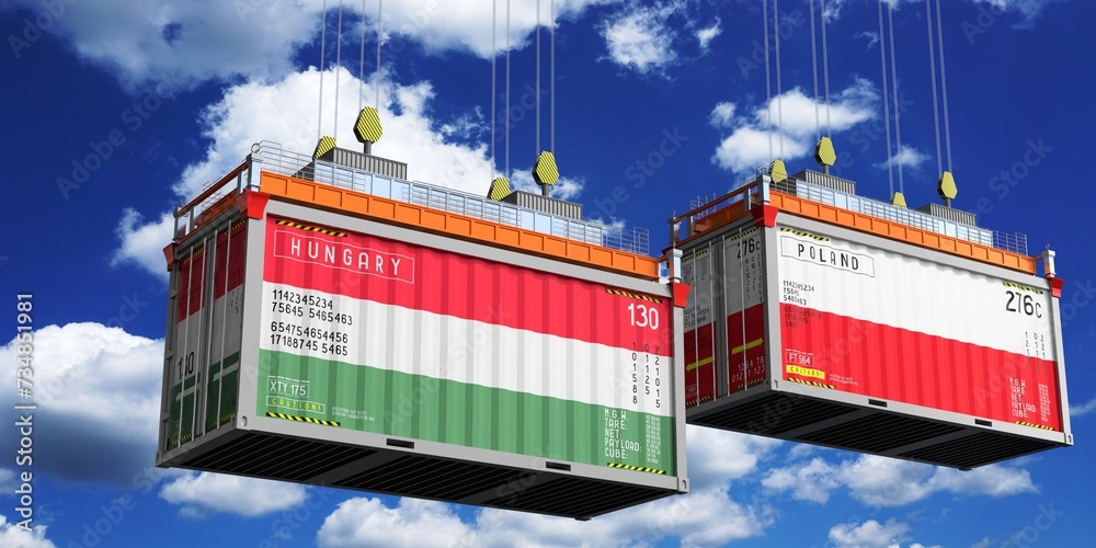 Shipping containers with flags of Hungary and Poland - 3D illustration
