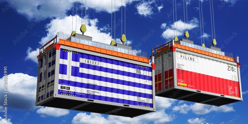 Shipping containers with flags of Greece and Poland - 3D illustration