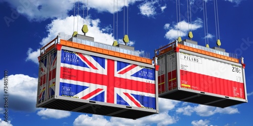 Shipping containers with flags of United Kingdom and Poland - 3D illustration