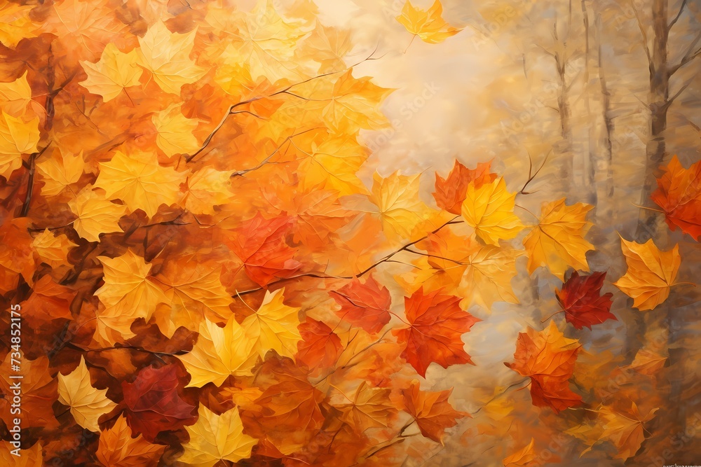 Sunlight filtering through a canopy of autumn leaves, creating a mesmerizing dance of warm hues on a crinkled paper surface.