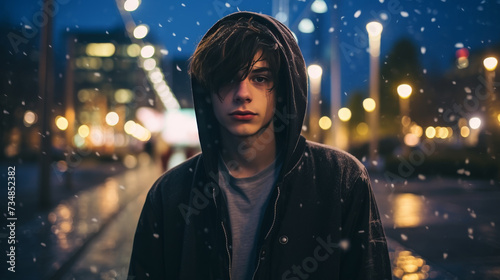 Winter Whispers: Teenage Boy in Snowy Night