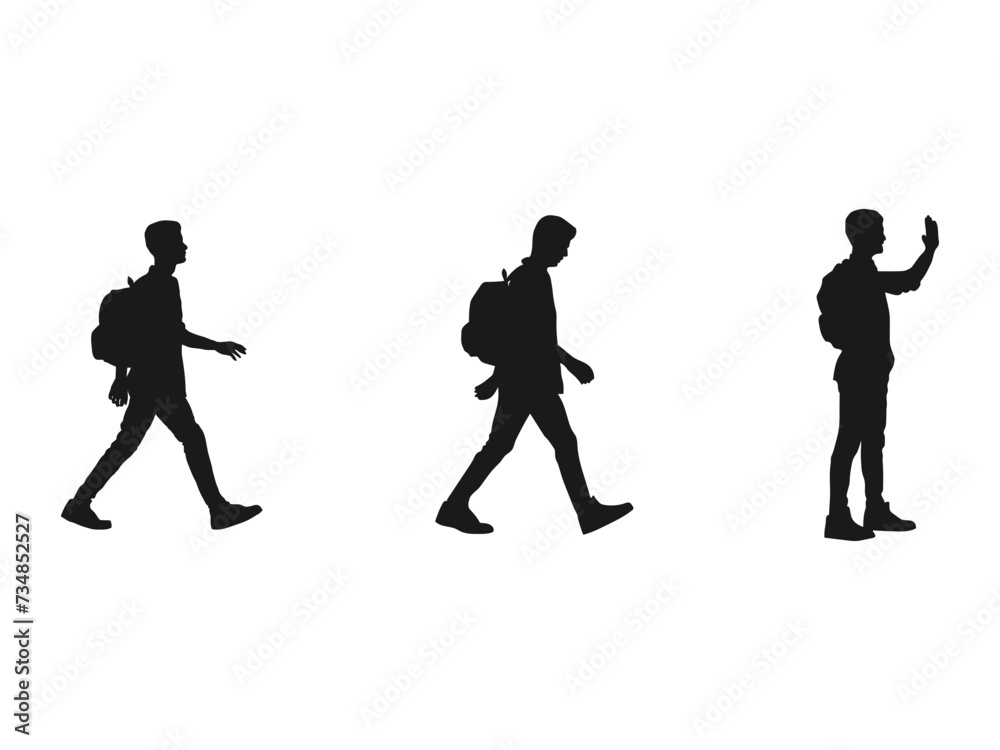 Set of vector realistic silhouettes of man standing, walking and showing hand and map and backpack in different poses. Backpack on back. vector illustration isolated on white background.