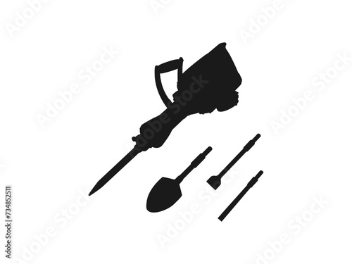 Jackhammer silhouette icon. Working construction and repair tools, equipment, shovel and drill black silhouettes. jackhammer with pieces of stones vector icon isolated on white background.