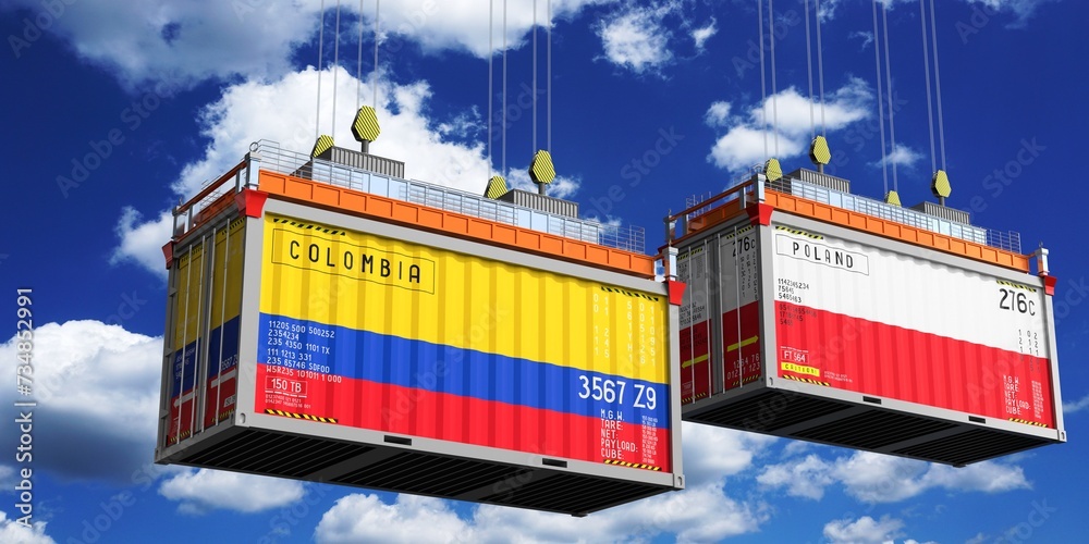 Shipping containers with flags of Colombia and Poland - 3D illustration