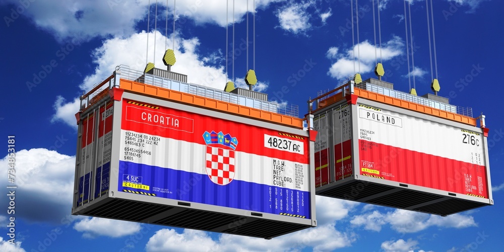 Shipping containers with flags of Croatia and Poland - 3D illustration