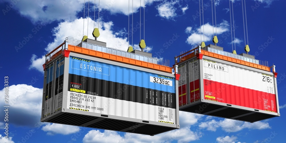 Shipping containers with flags of Estonia and Poland - 3D illustration