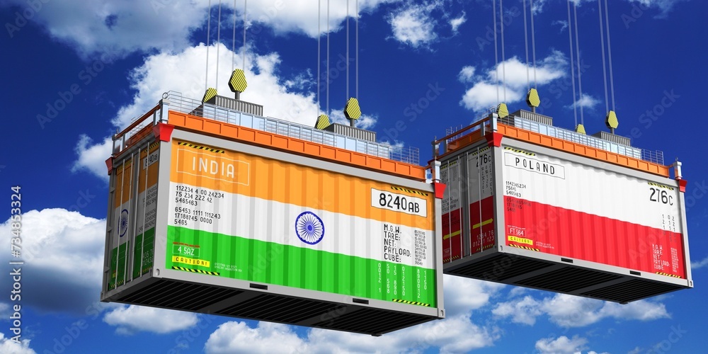 Shipping containers with flags of India and Poland - 3D illustration Shipping containers with flags of India and Poland - 3D illustration