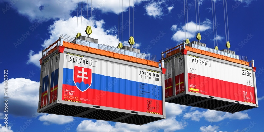 Shipping containers with flags of Slovakia and Poland - 3D illustration