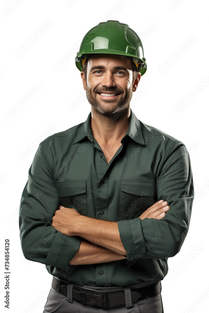 Confident Industrial Engineer in Green Workwear with Safety Helmet
