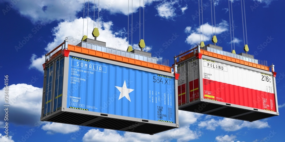 Shipping containers with flags of Somalia and Poland - 3D illustration