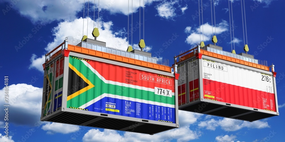 Shipping containers with flags of South Africa and Poland - 3D illustration